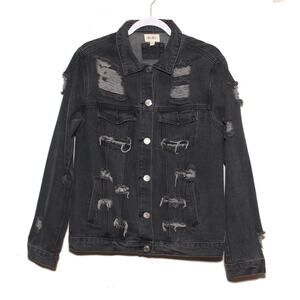 Bibi Black Distressed Denim Trucker Jacket Size Small